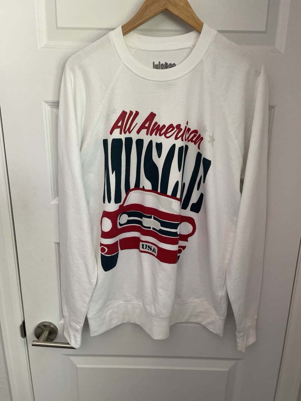 LuLaRoe All American Muscle USA Ford Mustang Mens L Sweatshirt Red White & Blue